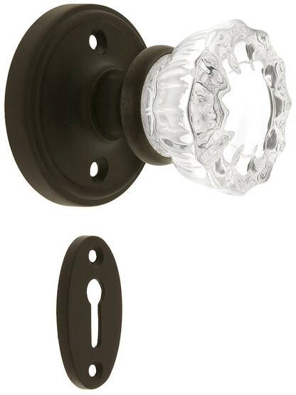 Classic Rosette Mortise Lock Set With Fluted Crystal Door Knobs in Oil-Rubbed Bronze.